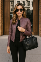 Women's Leather Jacket Slim Fit Zip-Up Mandarin Collar