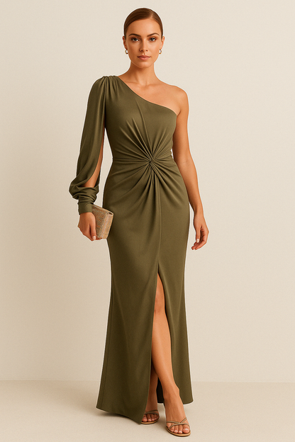 Fabiola | Dames Maxi Jurk – Luxe Satijn Look – One-Shoulder – Figuuraccentuerend – Hoge Split