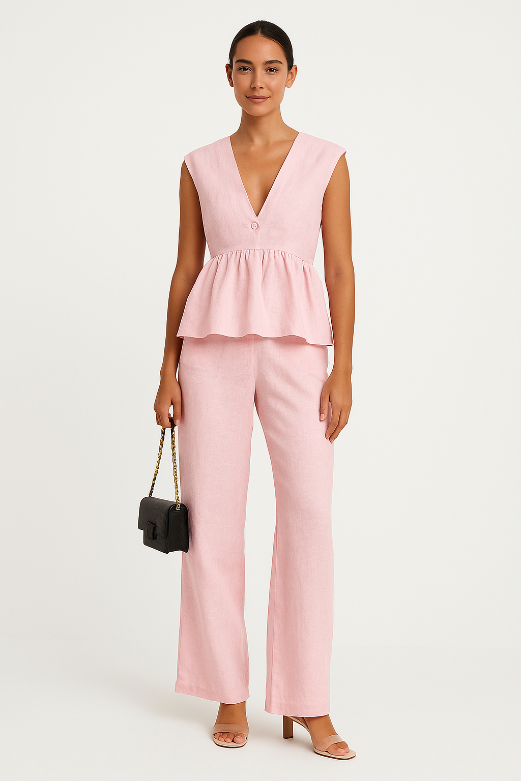 Anke | Dames Set – Peplum Top zonder Mouwen met V-Hals en Losvallende Broek in Ademend Materiaal