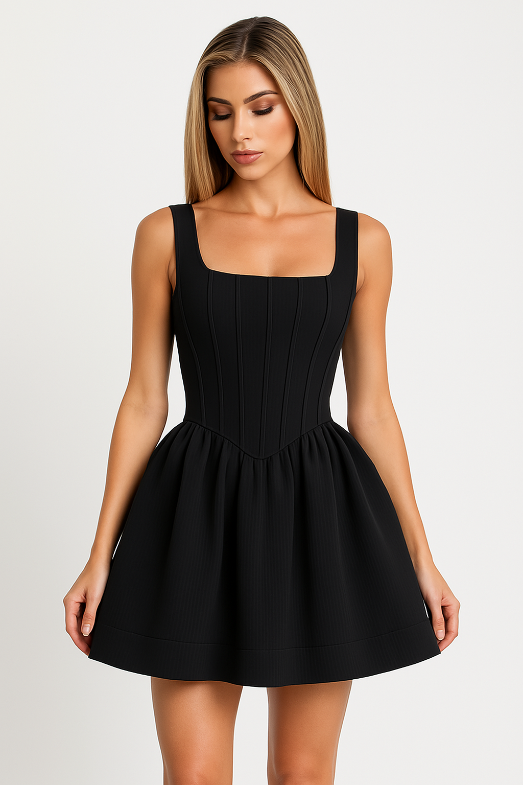 Dames Mini-jurk | Dames jurk met satijnlook, korsetlijfje en vierkante halslijn