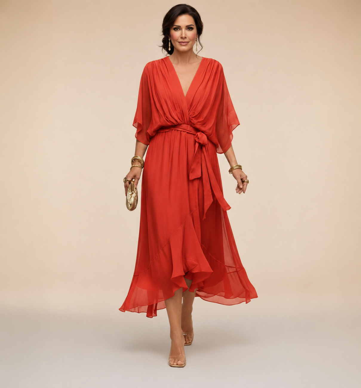 Women's V-Neck Wrap Midi Dress with 3/4 Sleeves