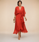 Women's V-Neck Wrap Midi Dress with 3/4 Sleeves