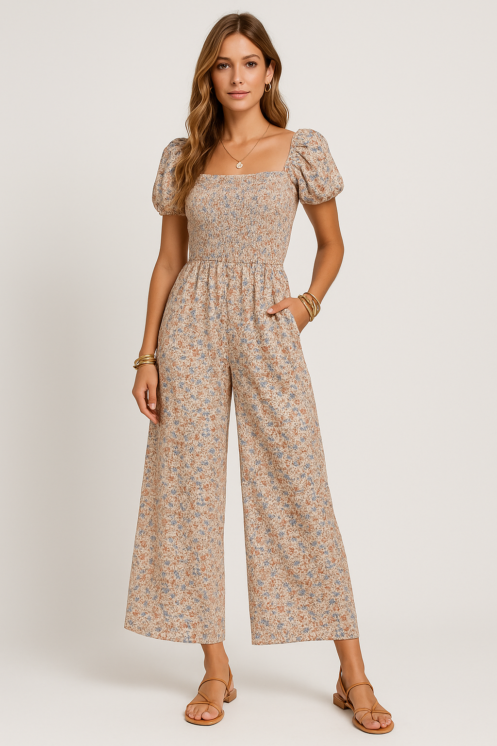 Janne | Dames Jumpsuit – Relaxte pasvorm met Bloemenprint, Smocked Top en Wijde Pijpen