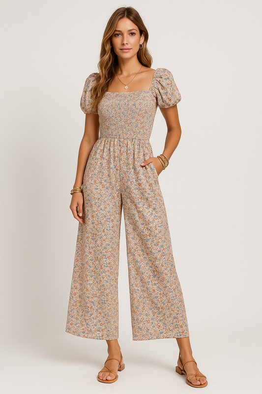 Janne | Dames Jumpsuit – Relaxte pasvorm met Bloemenprint, Smocked Top en Wijde Pijpen