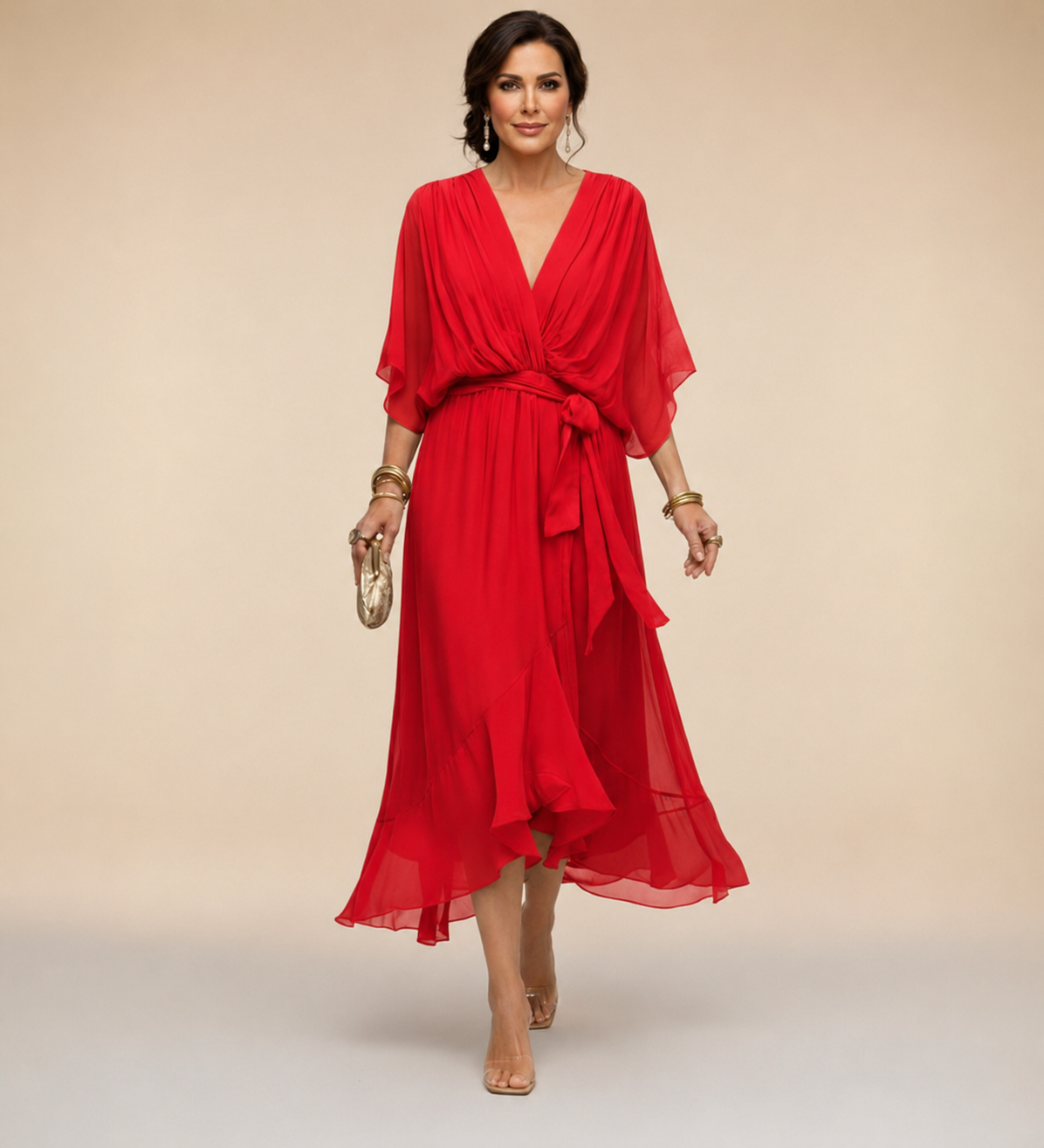Women's V-Neck Wrap Midi Dress with 3/4 Sleeves