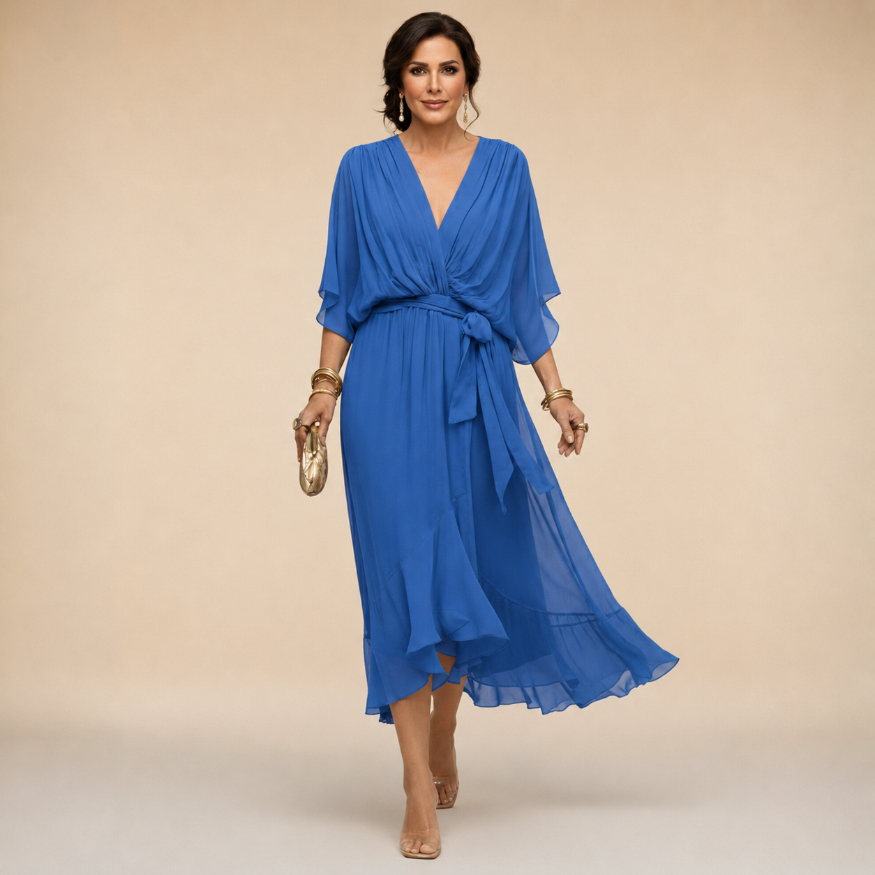 Women's V-Neck Wrap Midi Dress with 3/4 Sleeves