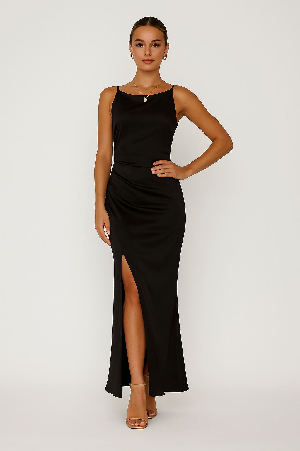 Britta | Dames Midi Jurk – Slim Fit met Spaghettibandjes en Luxe Glansstof