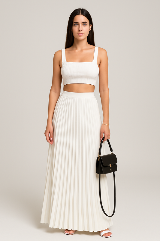 Heleen | Dames Set met Gebreide Crop Top & Plissé Maxi Rok – Slim Fit & Zachte Stretch voor Elegante All-Day Looks