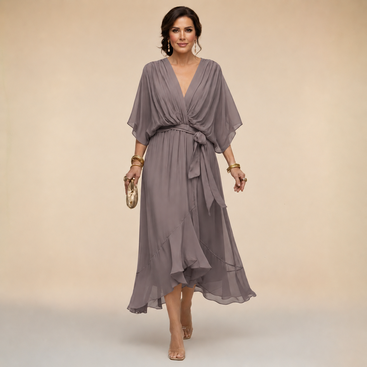 Women's V-Neck Wrap Midi Dress with 3/4 Sleeves