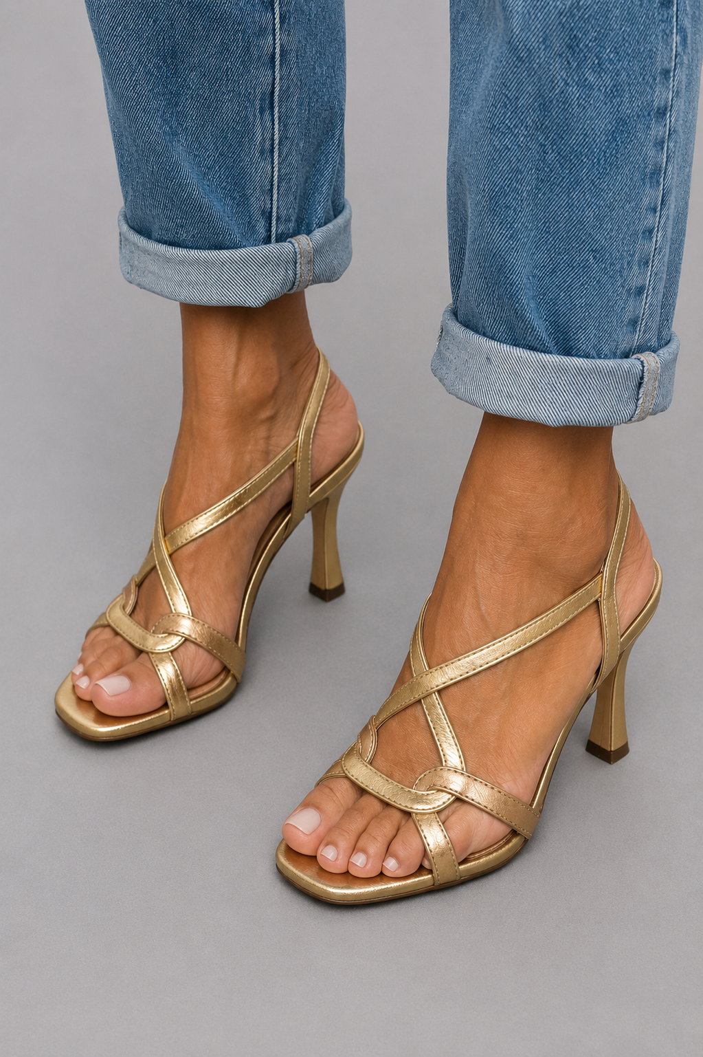 Women's Gold Strappy Sandals with Crisscross Straps and Block Heel