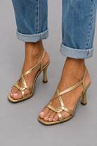 Women's Gold Strappy Sandals with Crisscross Straps and Block Heel