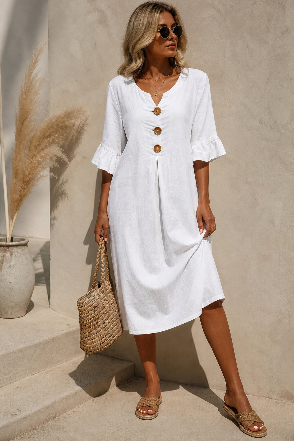 Women's Loose-Fit Button-Front Dress with Flowing Sleeves