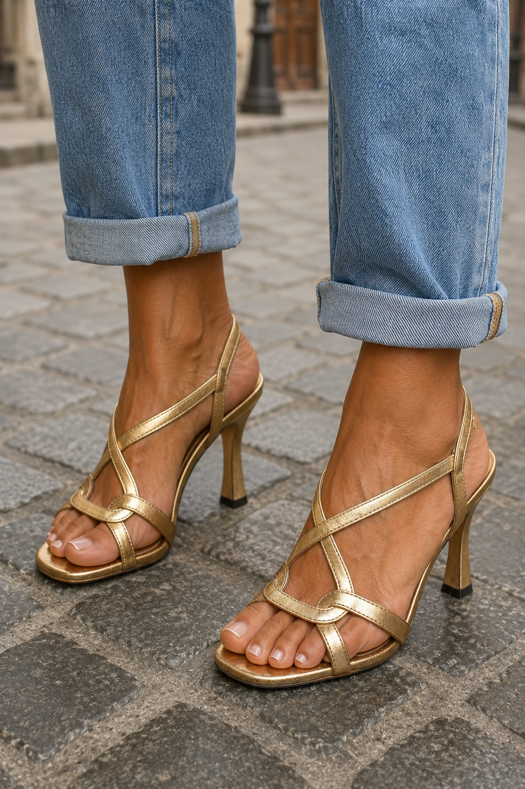 Women's Gold Strappy Sandals with Crisscross Straps and Block Heel