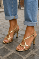 Women's Gold Strappy Sandals with Crisscross Straps and Block Heel
