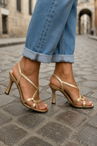 Women's Gold Strappy Sandals with Crisscross Straps and Block Heel