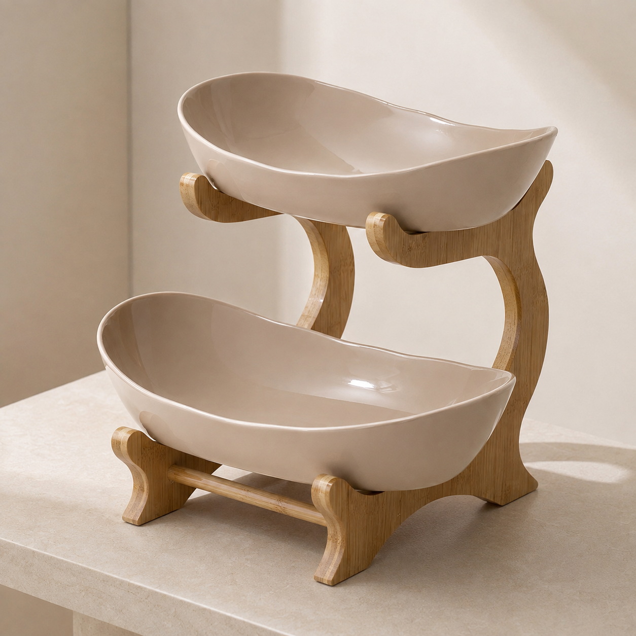 Tiered Fruit Bowl Stand with Bamboo Frame, 2 or 3 Oval Tiers