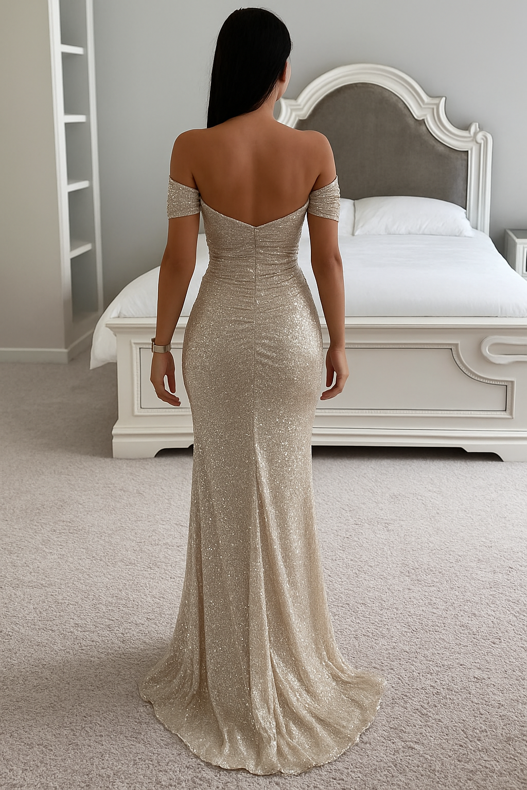 Dames Off-Shoulder Maxi Galajurk – Pailletten, Elegante Avondkleding voor Feestelijke Gelegenheden