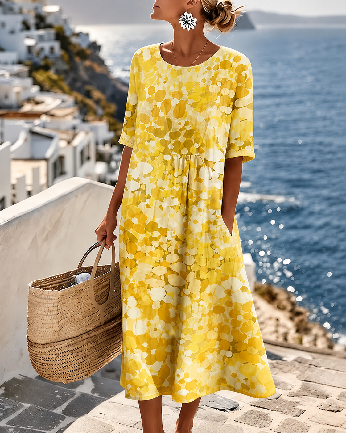 Women's Floral Midi Dress with Short Sleeves