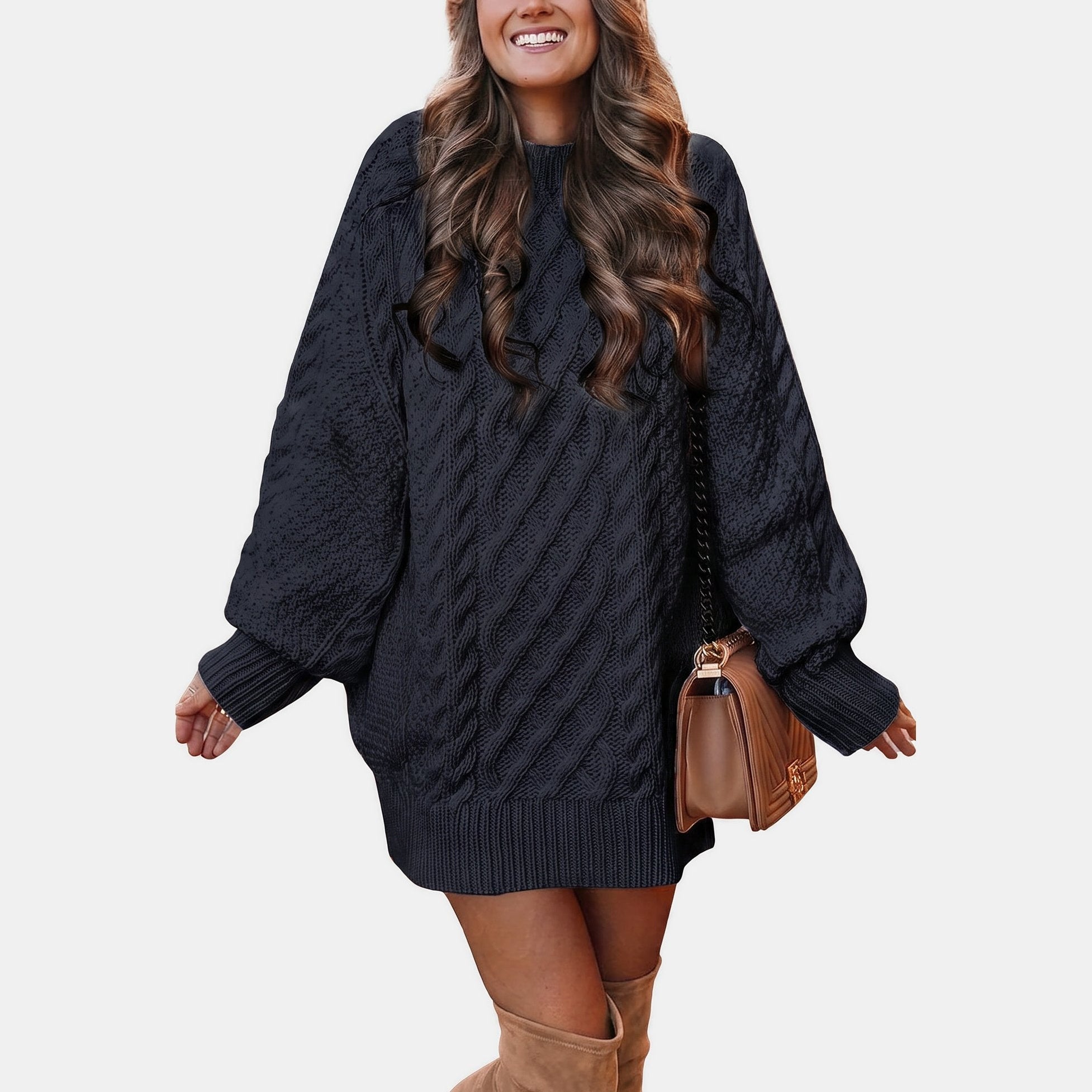 Women's Oversized Cable-Knit Sweater with High Neck