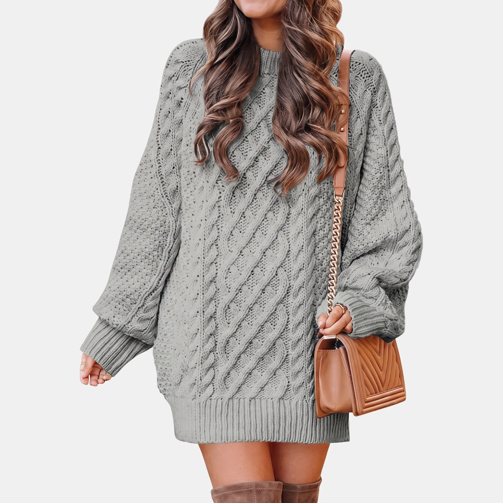 Women's Oversized Cable-Knit Sweater with High Neck