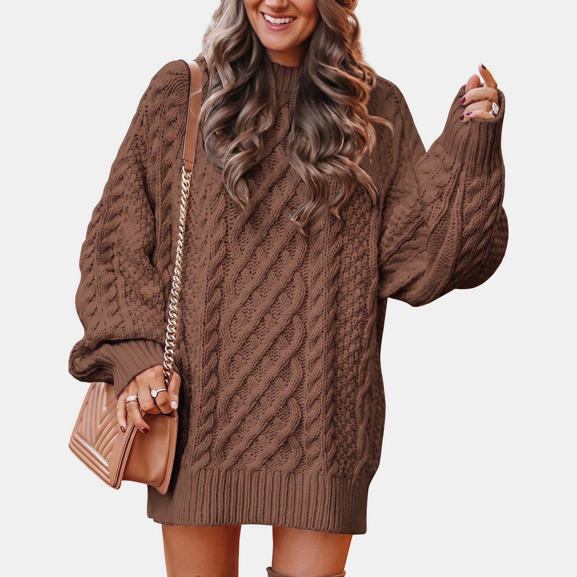 Women's Oversized Cable-Knit Sweater with High Neck