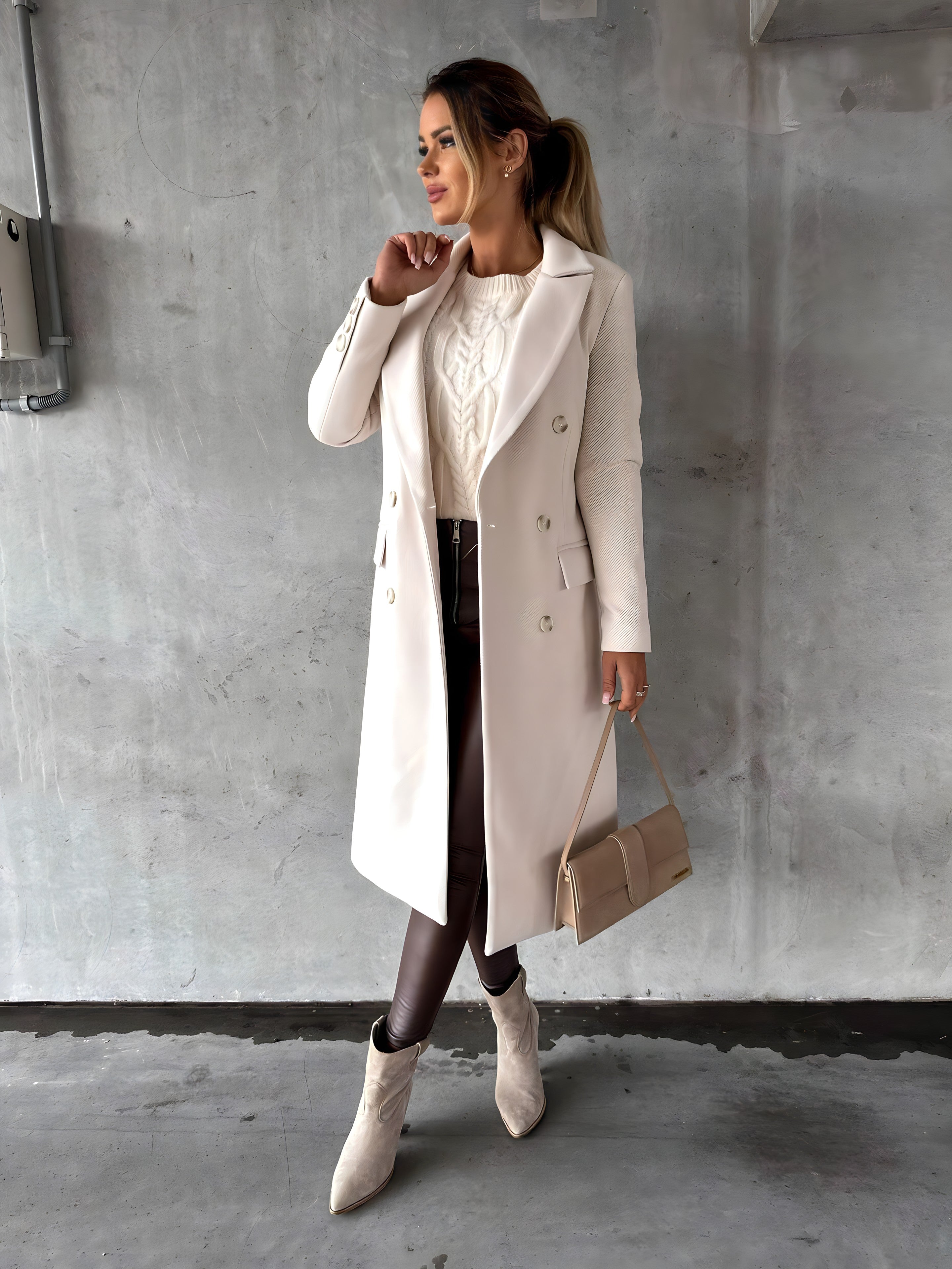 Women's Long Coat Double-Breasted with Wide Lapels