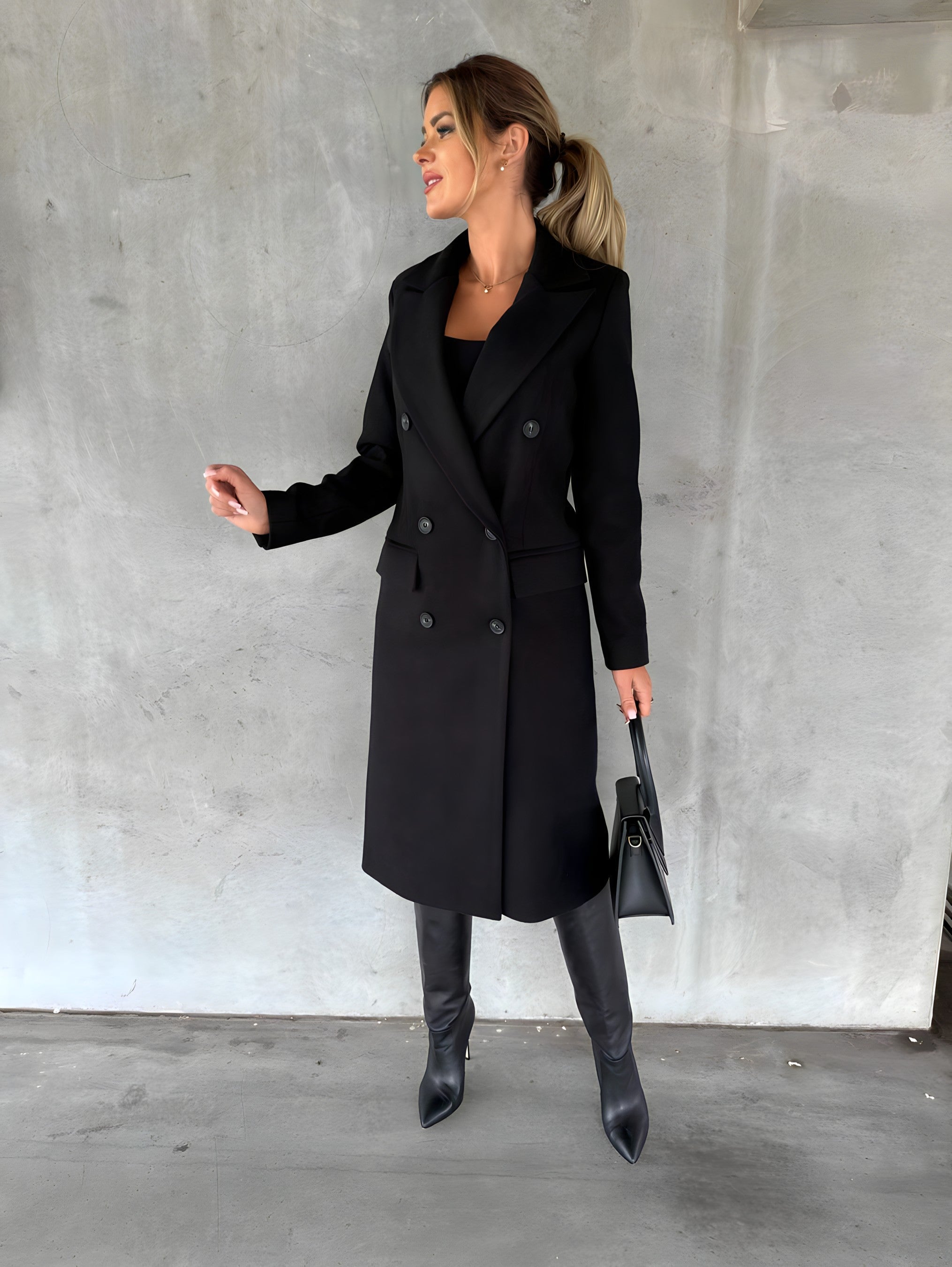 Women's Long Coat Double-Breasted with Wide Lapels