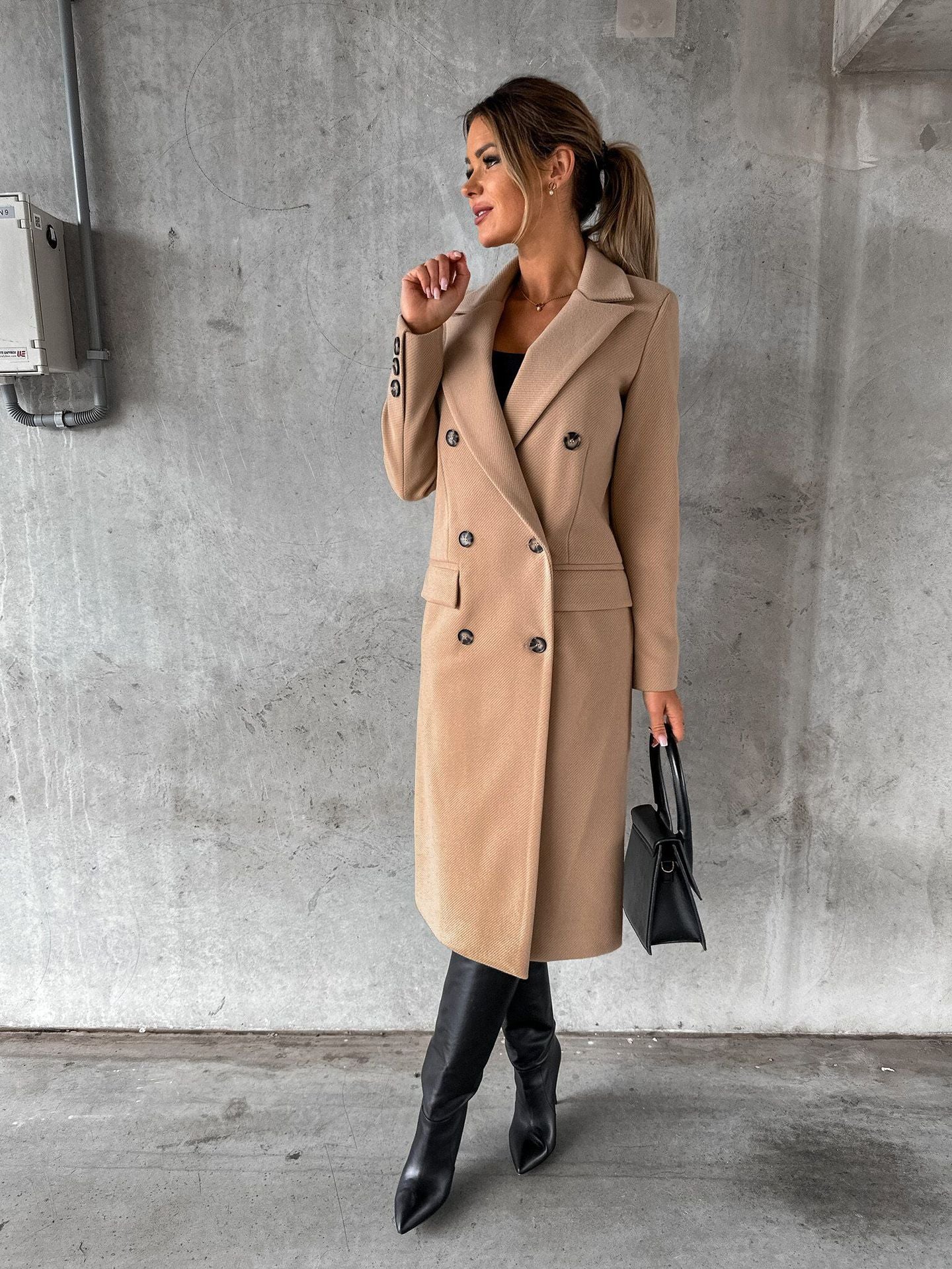 Women's Long Coat Double-Breasted with Wide Lapels