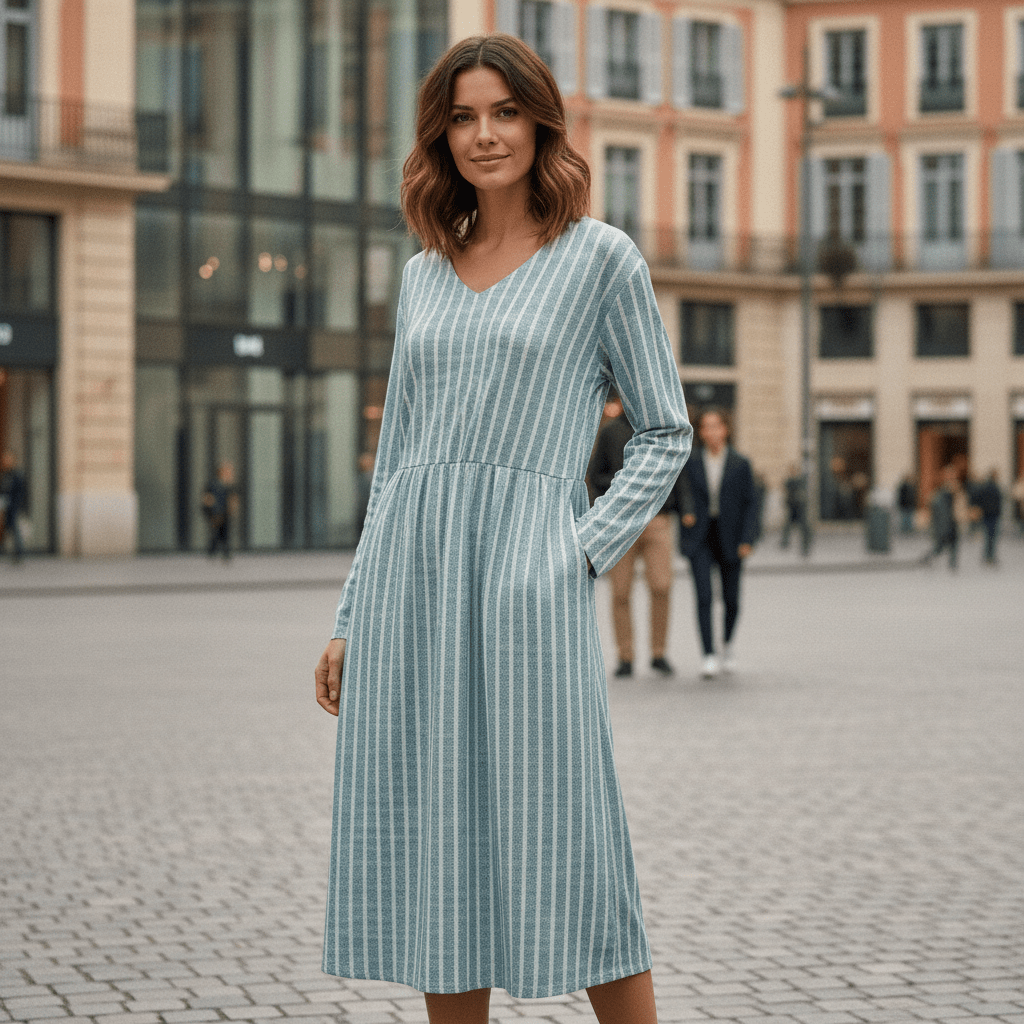Women's V-Neck Stripe Dress - Breathable Long Sleeve Casual Dress