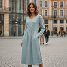 Women's V-Neck Stripe Dress - Breathable Long Sleeve Casual Dress