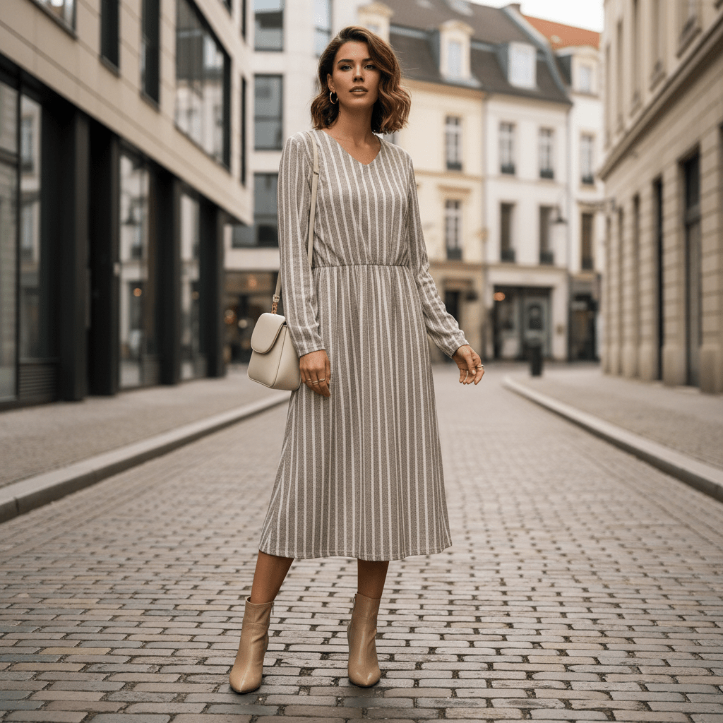 Women's V-Neck Stripe Dress - Breathable Long Sleeve Casual Dress