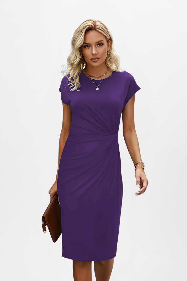 Women's Knee-Length Dress with Round Neck and Ruched Waist
