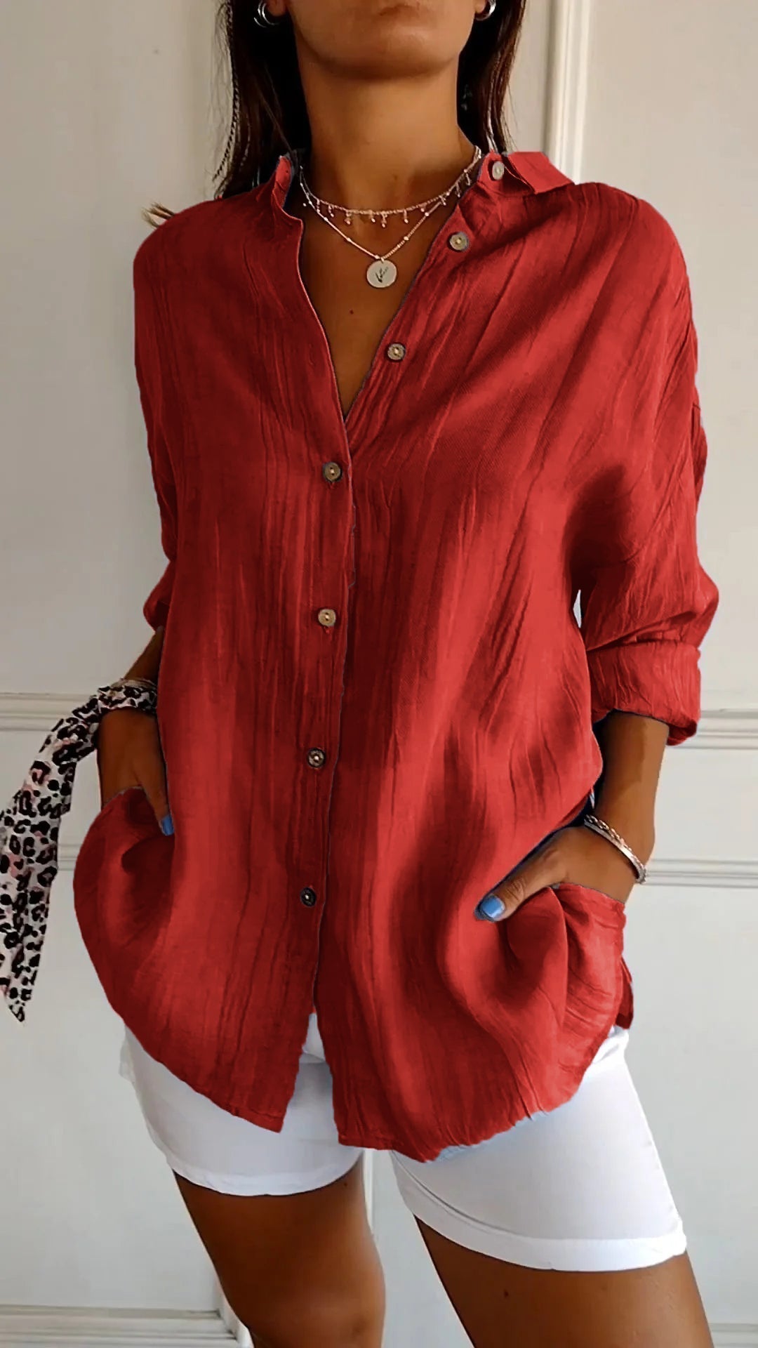 Women's Long Sleeve Blouse with Pleated Texture and Pockets