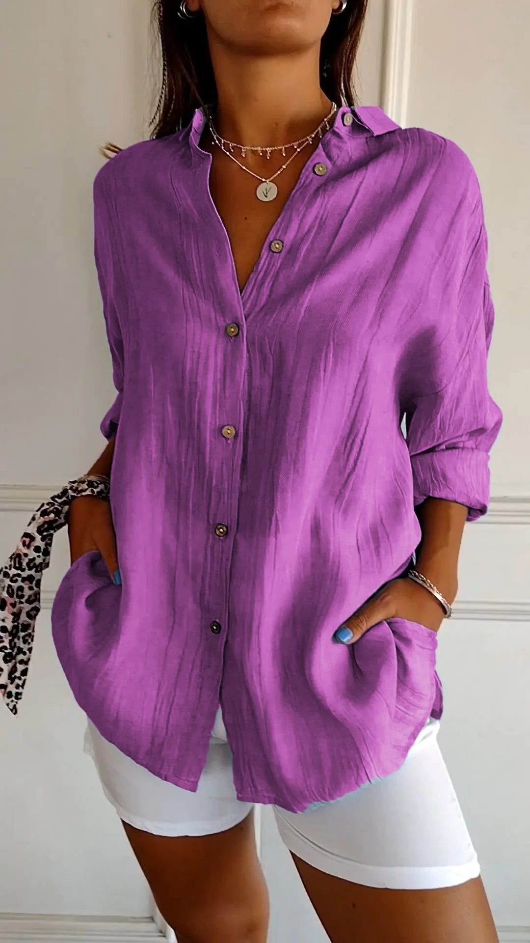 Women's Long Sleeve Blouse with Pleated Texture and Pockets