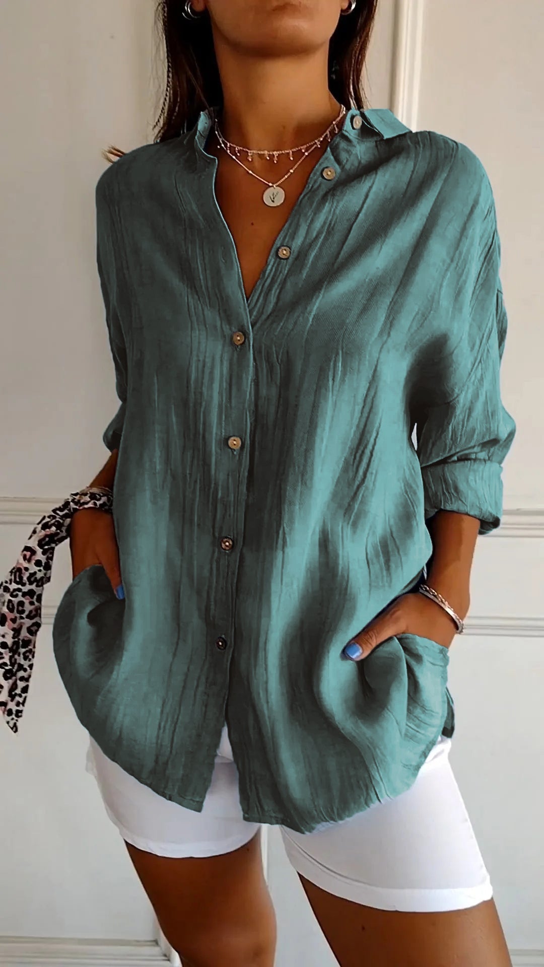 Women's Long Sleeve Blouse with Pleated Texture and Pockets