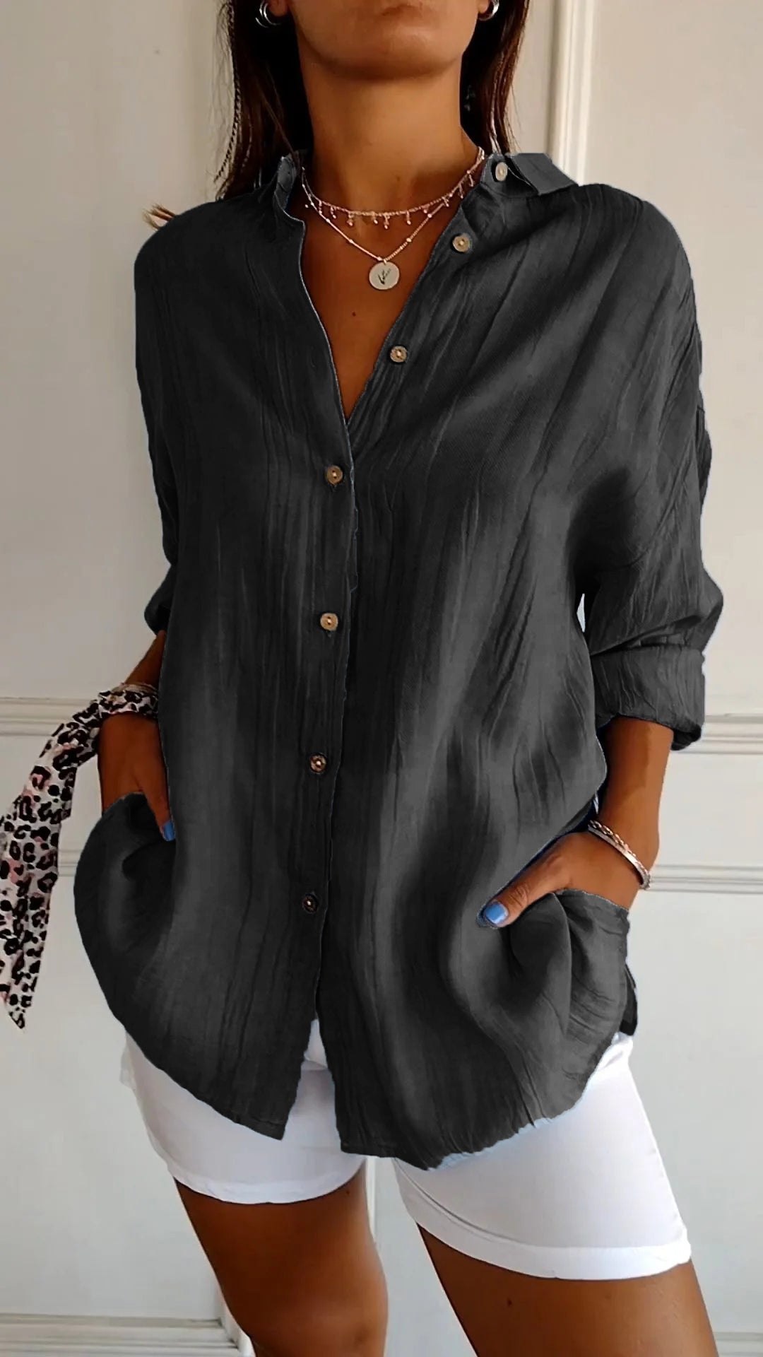Women's Long Sleeve Blouse with Pleated Texture and Pockets