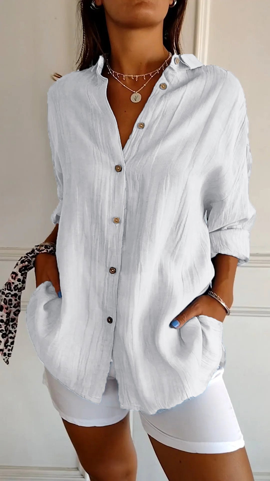 Women's Long Sleeve Blouse with Pleated Texture and Pockets