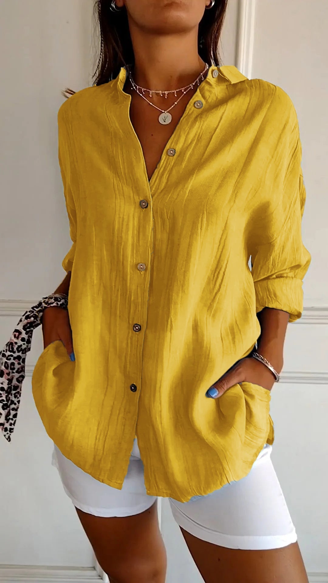 Women's Long Sleeve Blouse with Pleated Texture and Pockets