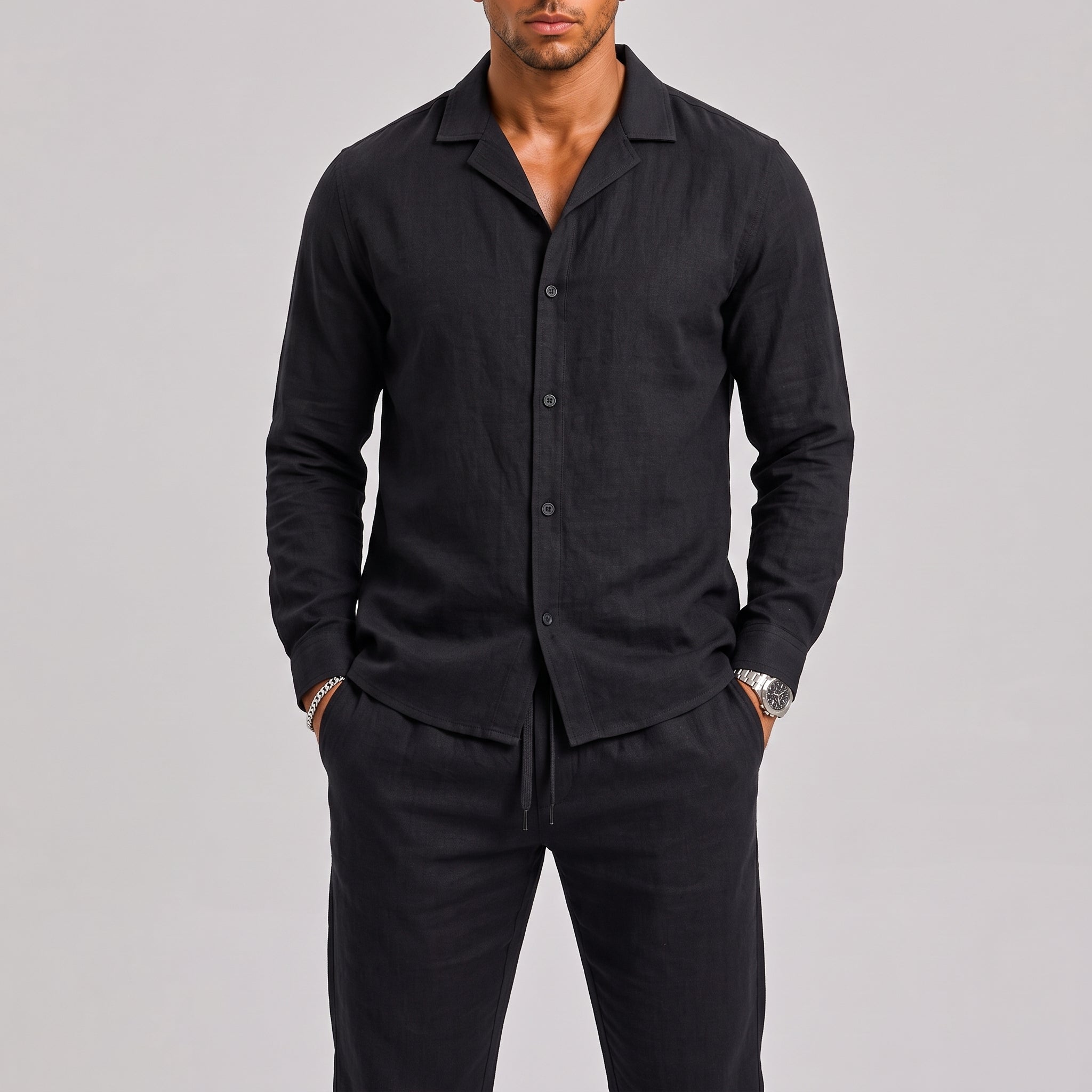 Men's Linen Set with Cuban Collar Shirt and Trousers