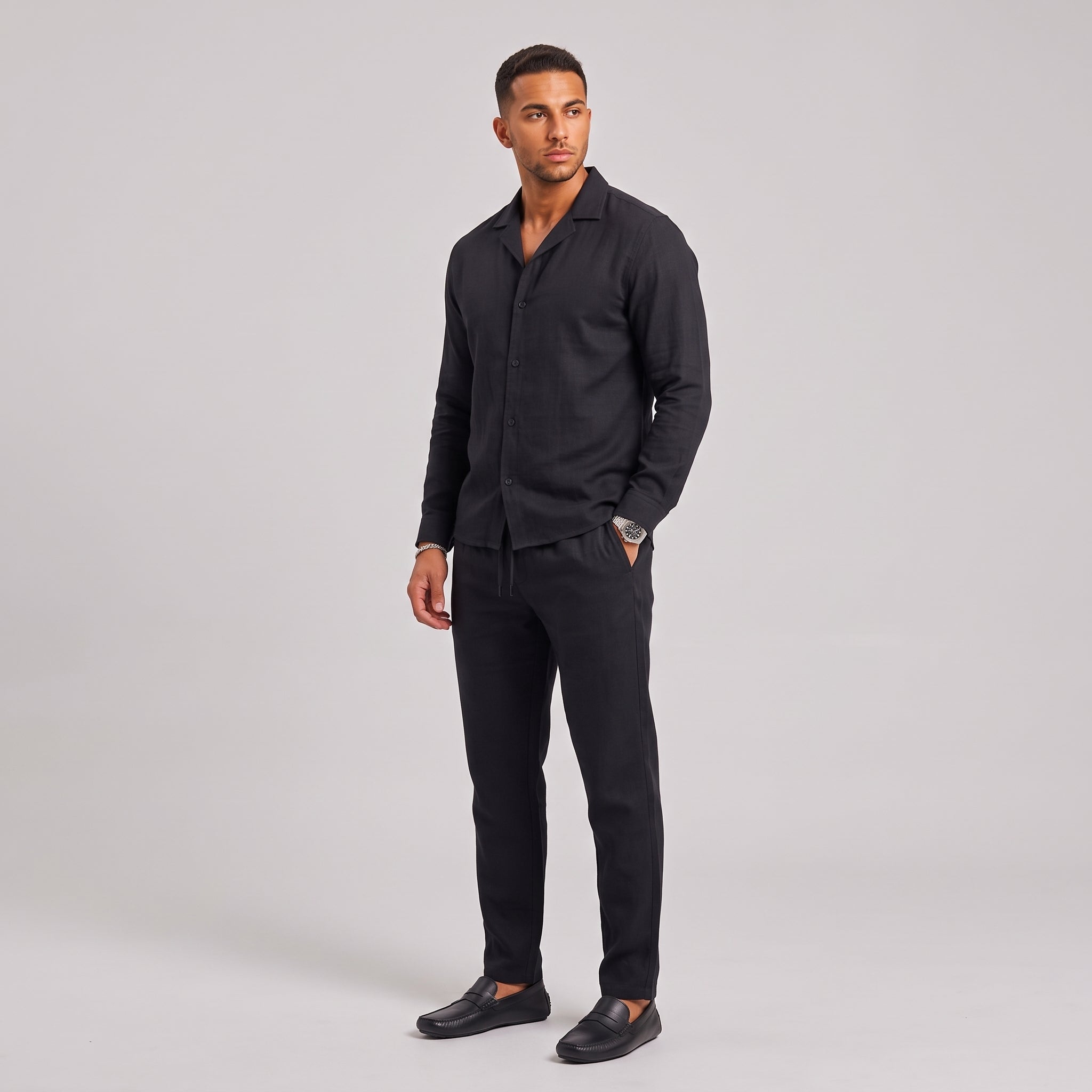 Men's Linen Set with Cuban Collar Shirt and Trousers