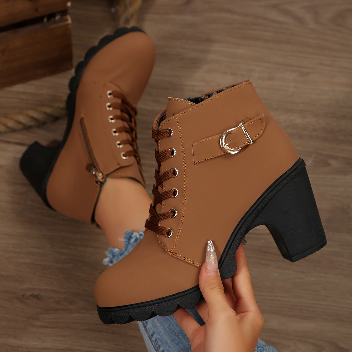 Women's Ankle Boots with Block Heel and Platform Sole