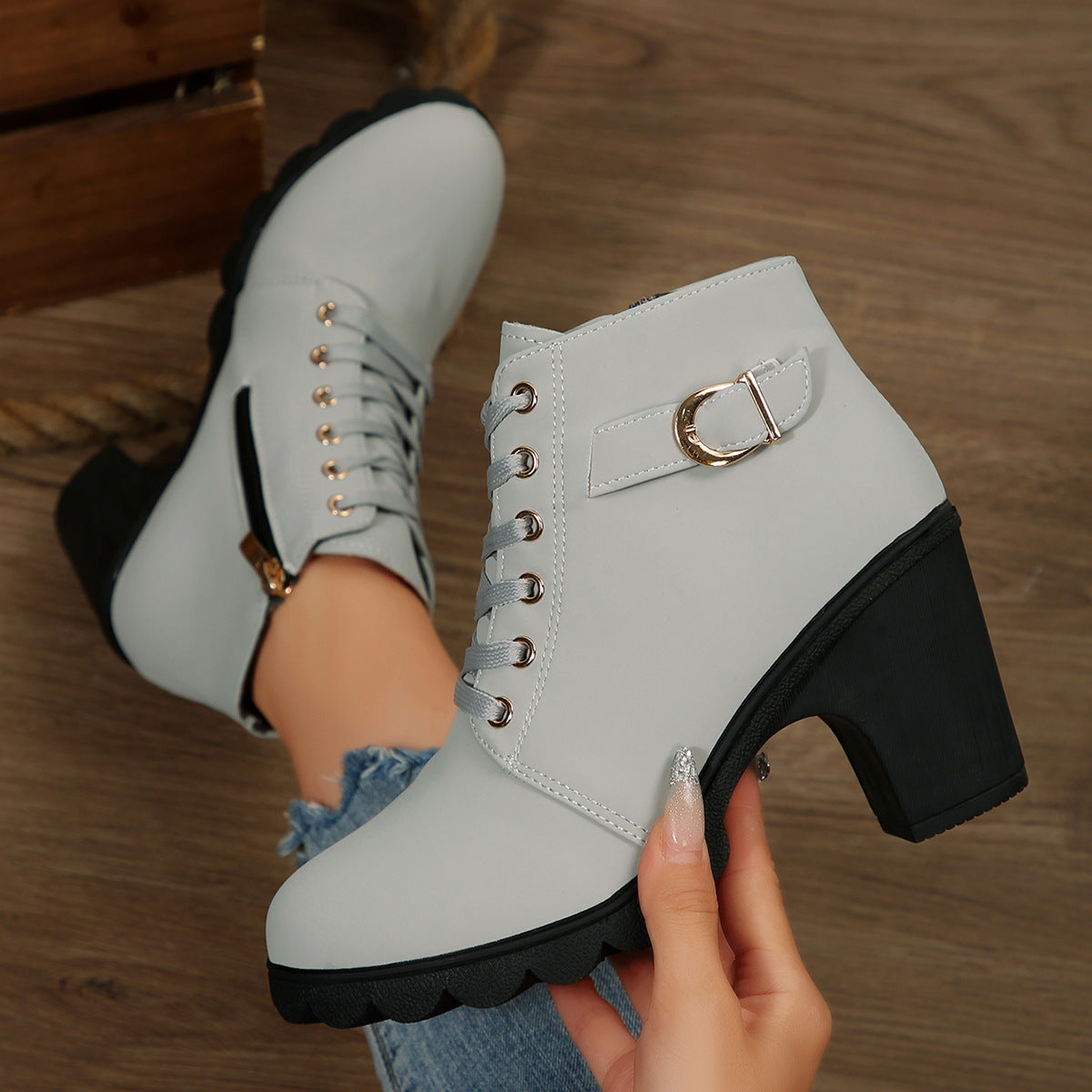 Women's Ankle Boots with Block Heel and Platform Sole