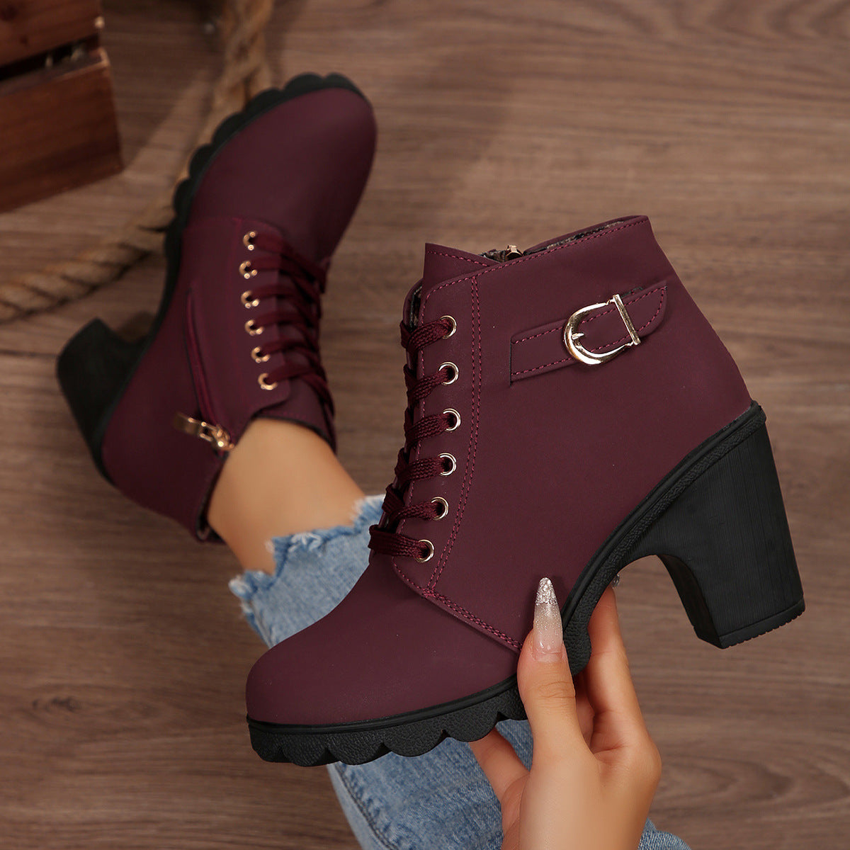 Women's Ankle Boots with Block Heel and Platform Sole
