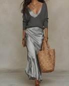 Women's Midi Dress Set with Knit Cardigan – Satin Two-Piece Outfit
