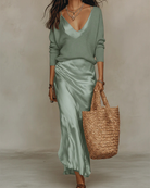 Women's Midi Dress Set with Knit Cardigan – Satin Two-Piece Outfit