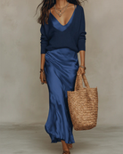 Women's Midi Dress Set with Knit Cardigan – Satin Two-Piece Outfit
