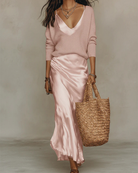 Women's Midi Dress Set with Knit Cardigan – Satin Two-Piece Outfit