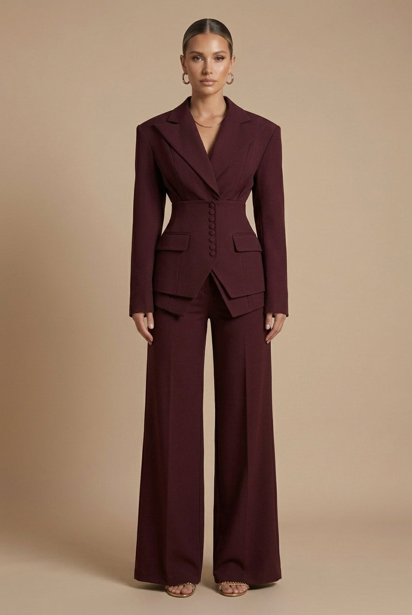 Women's Suits – Peaked Lapel Blazer and Wide-Leg Trousers Set