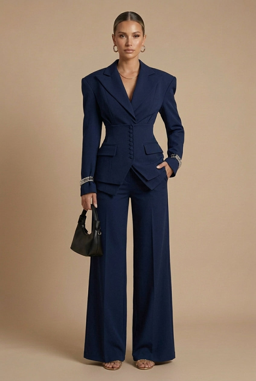 Women's Suits – Peaked Lapel Blazer and Wide-Leg Trousers Set