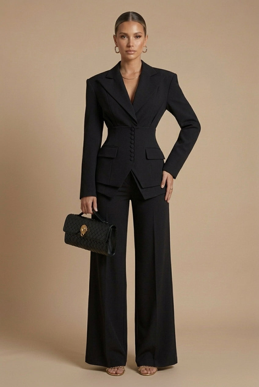 Women's Suits – Peaked Lapel Blazer and Wide-Leg Trousers Set
